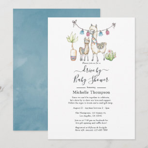Invitation Baby Shower d'aquarelle à thème lama en voiture