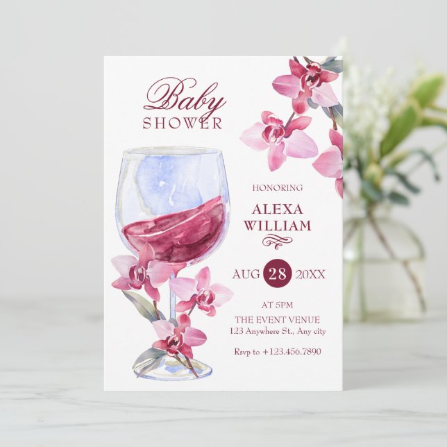 Invitation Baby shower d'aquarelle à vin d'orchidée florale (Debout devant)