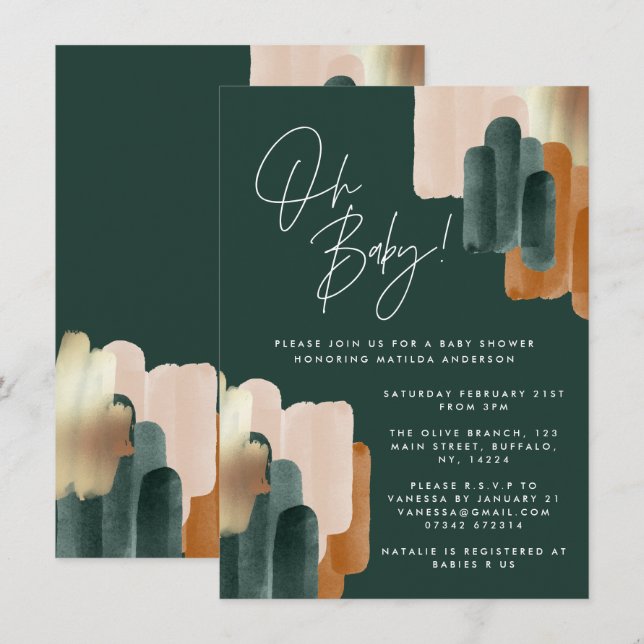 Invitation Baby shower d'aquarelle abstrait en terre cuite ve (Devant / Derrière)
