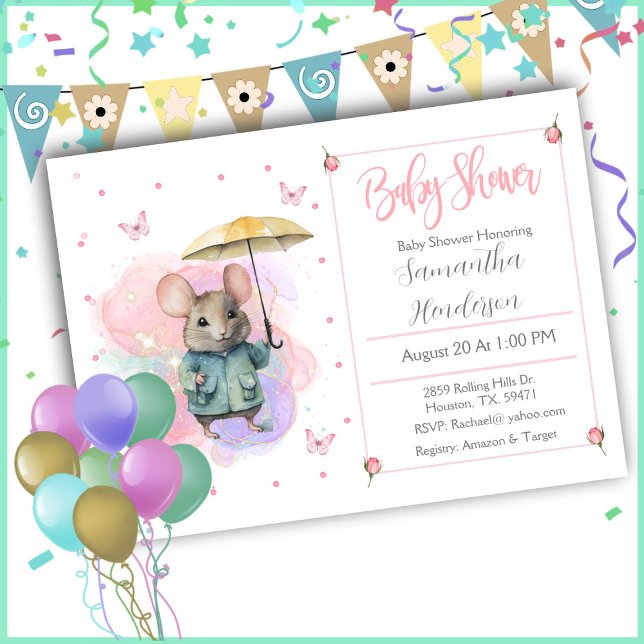 Invitation Baby shower d'aquarelle Baby Mouse Pastel (Créateur téléchargé)