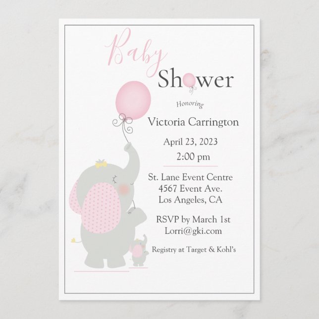 Invitation Baby shower d'aquarelle bébé Eléphant rose fille (Devant)