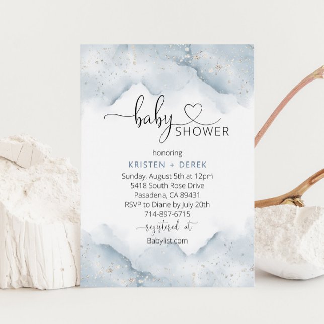 Invitation Baby shower d'aquarelle bleu argenté et poussiéreu (Créateur téléchargé)