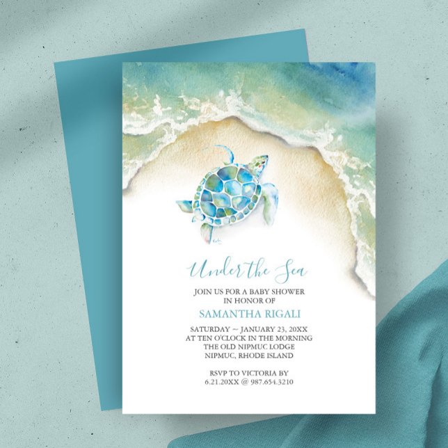 Invitation Baby shower d'aquarelle bleu de la tortue côtière (baby shower invitations for a boy watercolor sea turtle and ocean art by Victoria Grigaliunas)