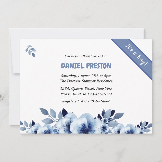 Invitation Baby shower d'aquarelle bleu foncé (Devant)