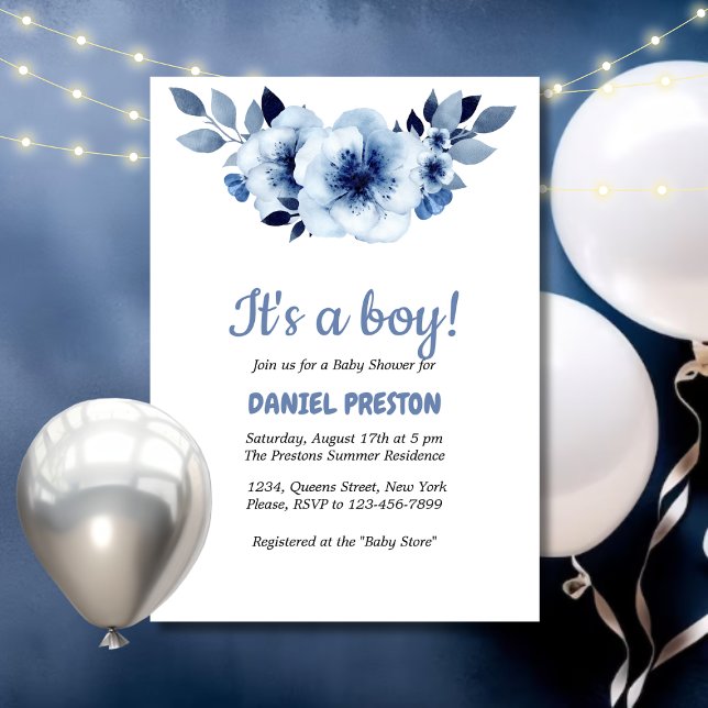 Invitation Baby shower d'aquarelle bleu foncé (Créateur téléchargé)