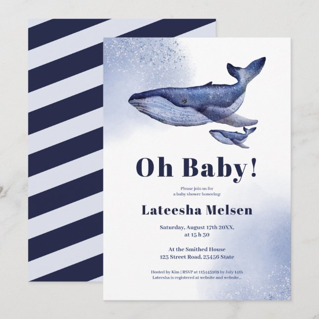 Invitation Baby shower d'aquarelle bleu marine (Devant / Derrière)