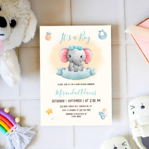 Invitation Baby shower d'aquarelle bleu petit éléphant