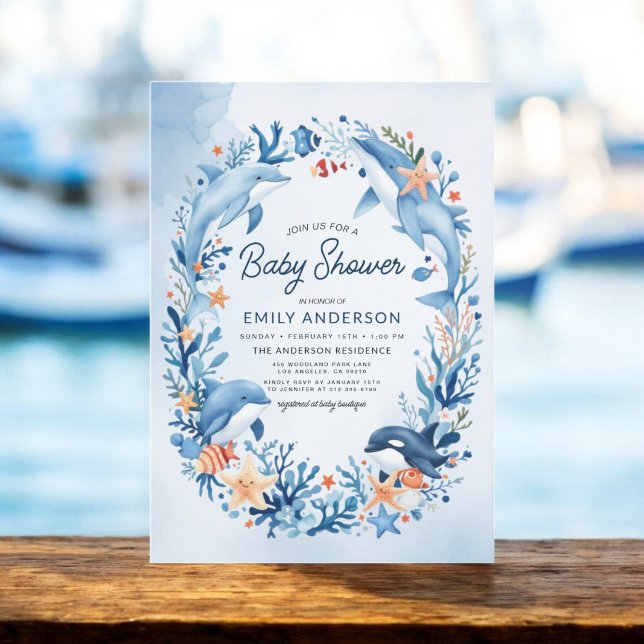 Invitation Baby shower d'aquarelle bleu sous la mer (Créateur téléchargé)