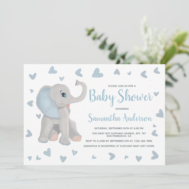 Invitation Baby shower d'aquarelle Blue Baby Elephant Photo (Debout devant)