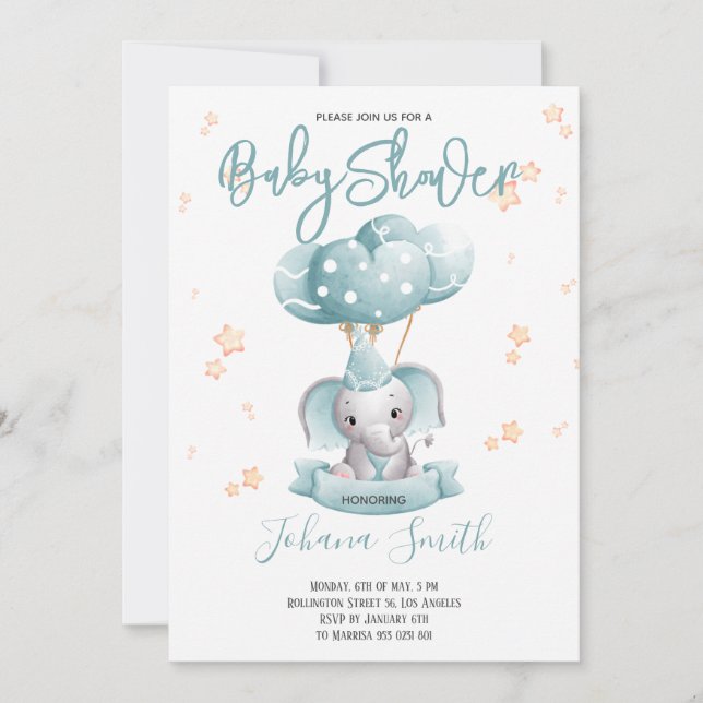 Invitation Baby shower d'aquarelle Blue Elephant (Devant)