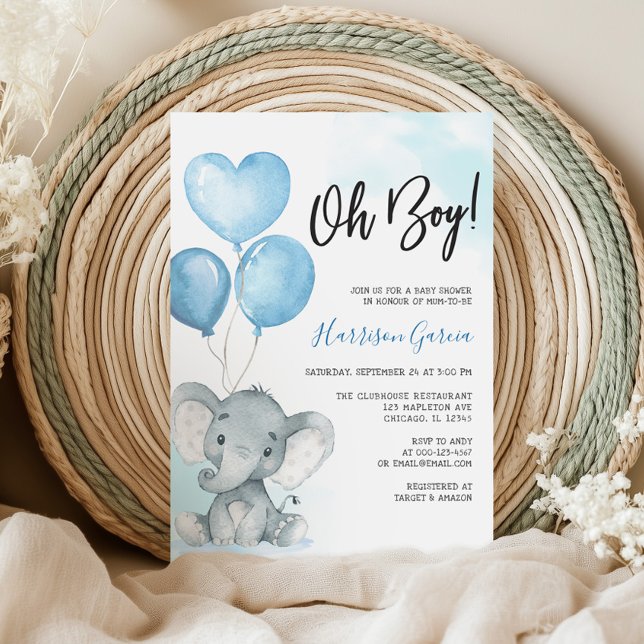 Invitation Baby shower d'aquarelle Blue Oh Boy Elephant (Créateur téléchargé)