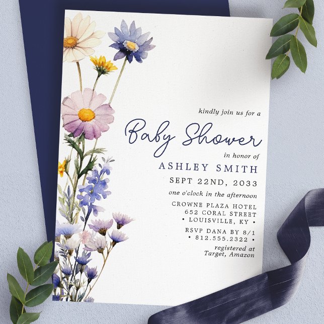 Invitation Baby shower d'aquarelle Boho Fleur sauvage bleu (Créateur téléchargé)