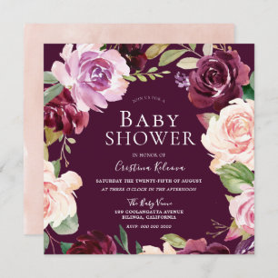 Invitation Baby shower d'aquarelle botanique bordeaux
