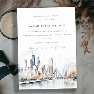 Invitation Baby shower d'aquarelle Chicago Illinois Scape