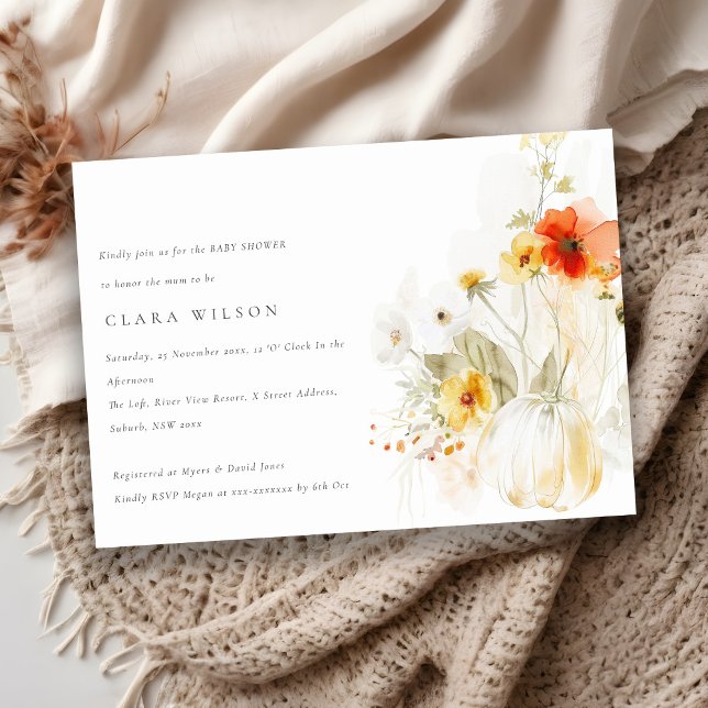 Invitation Baby shower d'aquarelle Citrouille fleur sauvage (Créateur téléchargé)