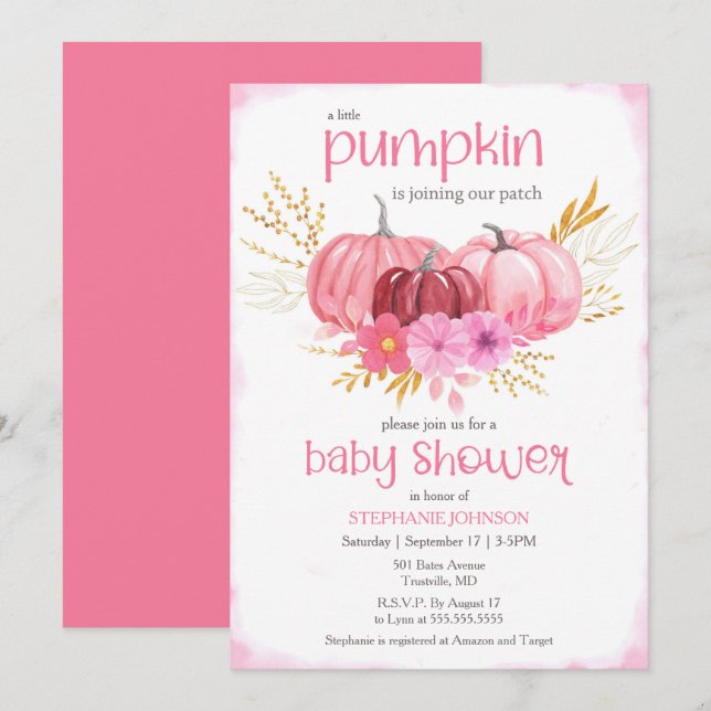 Invitation Baby shower D'Aquarelle Citrouille Rose Cute Dans (Devant / Derrière)