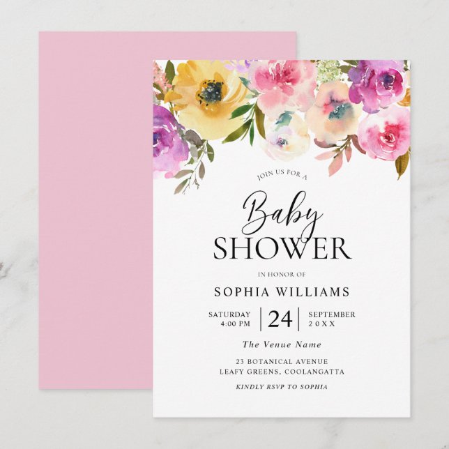 Invitation Baby shower d'aquarelle couleur rose (Devant / Derrière)