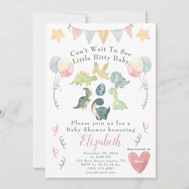 Invitation Baby shower d'aquarelle Cute Dinosaur (Devant)