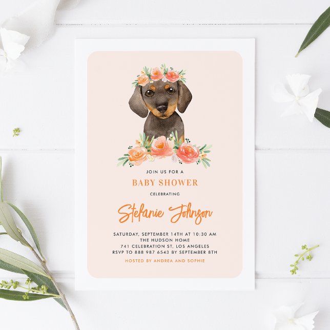 Invitation Baby shower d'aquarelle Dachshund Peach Florals (Créateur téléchargé)
