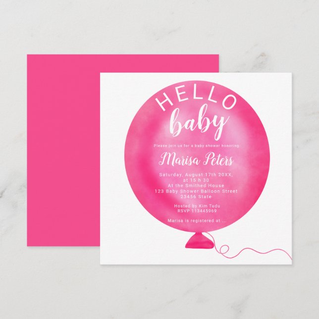 Invitation baby shower d'aquarelle de ballon rose néon modern (Devant / Derrière)