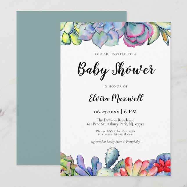 Invitation Baby shower d'aquarelle de cactus succulent (Devant / Derrière)