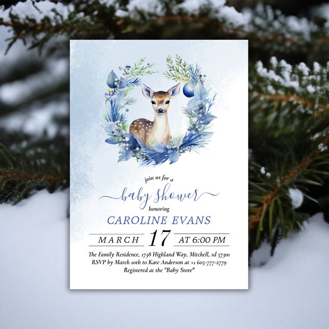 Invitation Baby shower d'aquarelle de cerfs d'hiver (Winter Deer Watercolor Baby Shower Invitation)