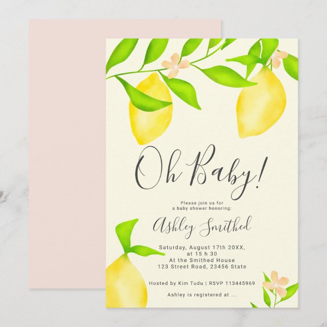 Invitation baby shower d'aquarelle de citron vert moderne 2 (Devant / Derrière)