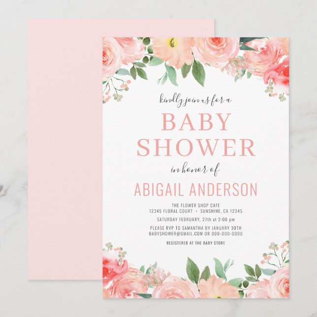 Invitation Baby shower d'aquarelle de corail rose vif Invitat (Devant / Derrière)