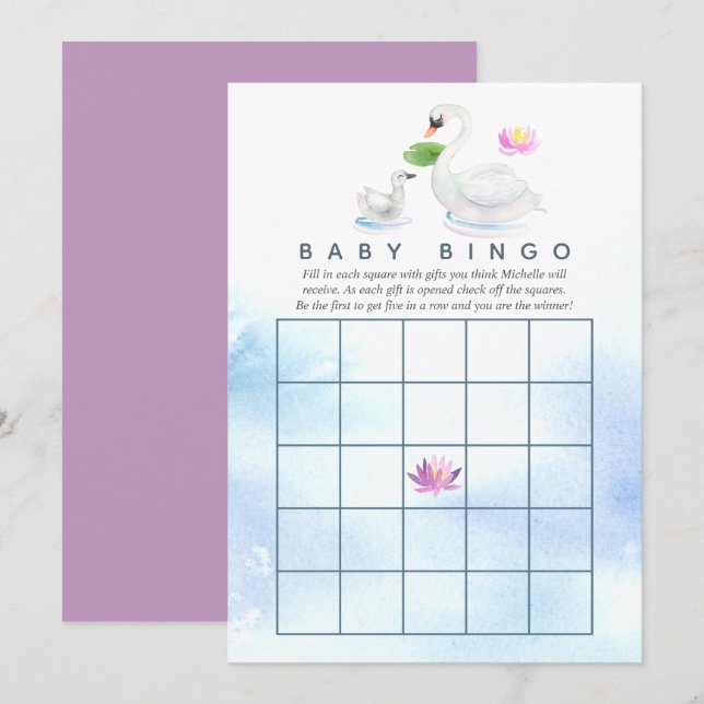 Invitation Baby shower d'aquarelle de cygne Bingo (Devant / Derrière)