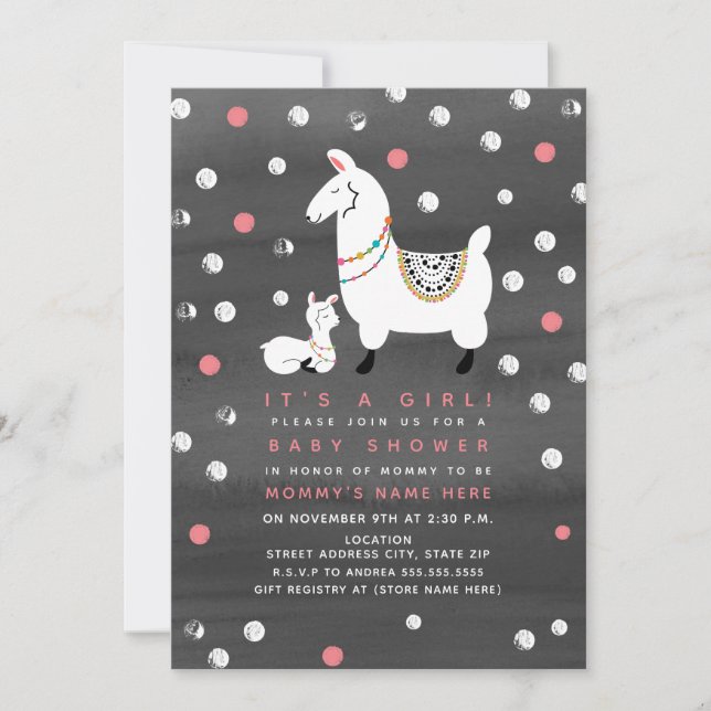 Invitation Baby shower d'aquarelle de fille de lama (Devant)