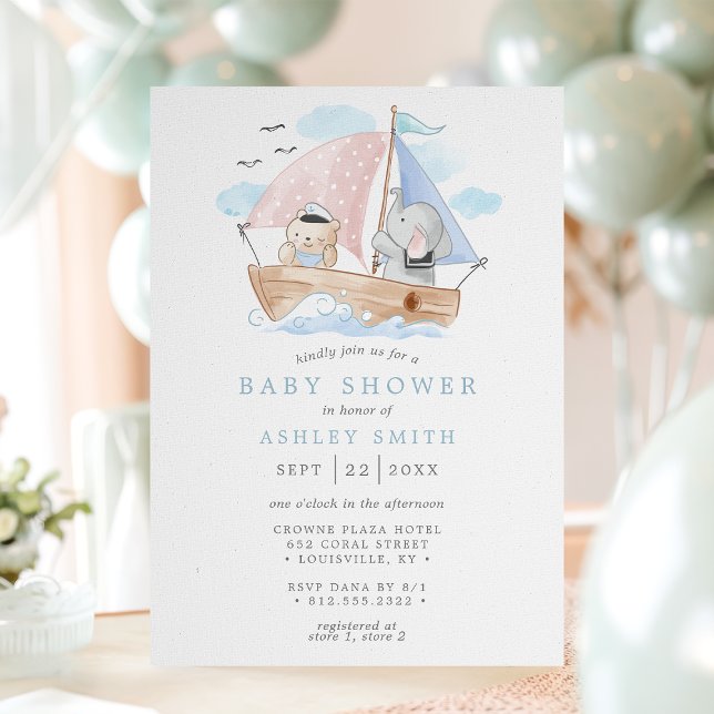 Invitation Baby shower d'aquarelle de l'Ours Nautique (Créateur téléchargé)