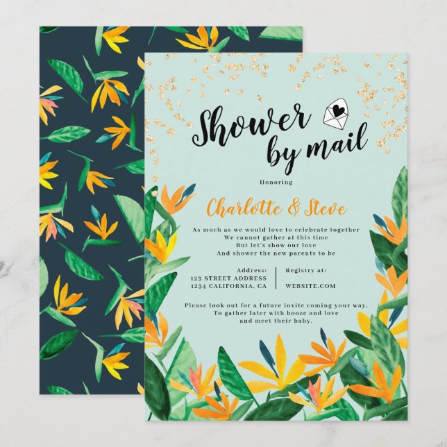 Invitation Baby shower d'aquarelle de parties scintillant tro (Devant / Derrière)