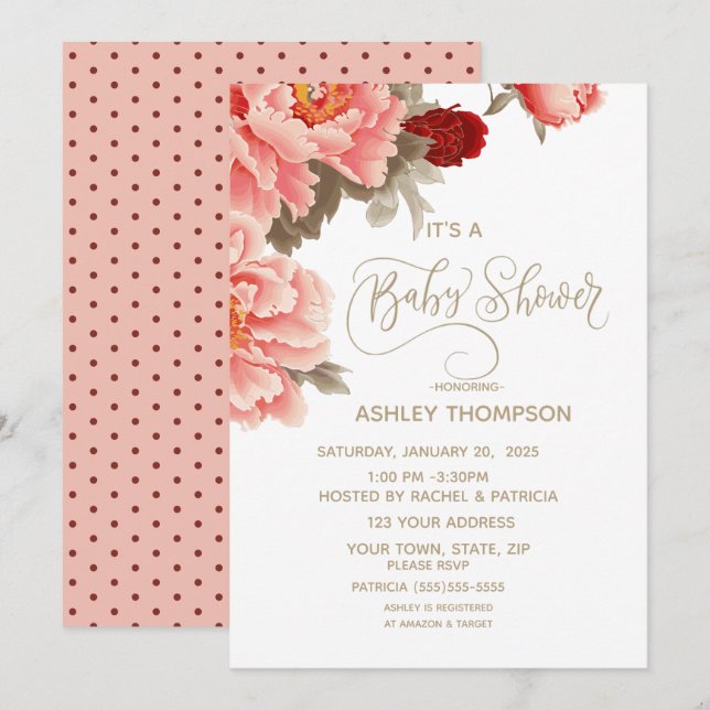 Invitation Baby shower d'aquarelle de pêche florale (Devant / Derrière)