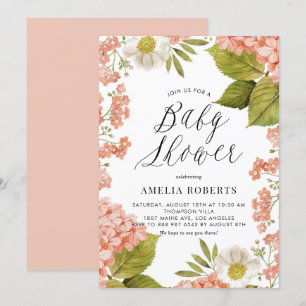 Invitation Baby shower d'aquarelle de pêche rustique Hydrange