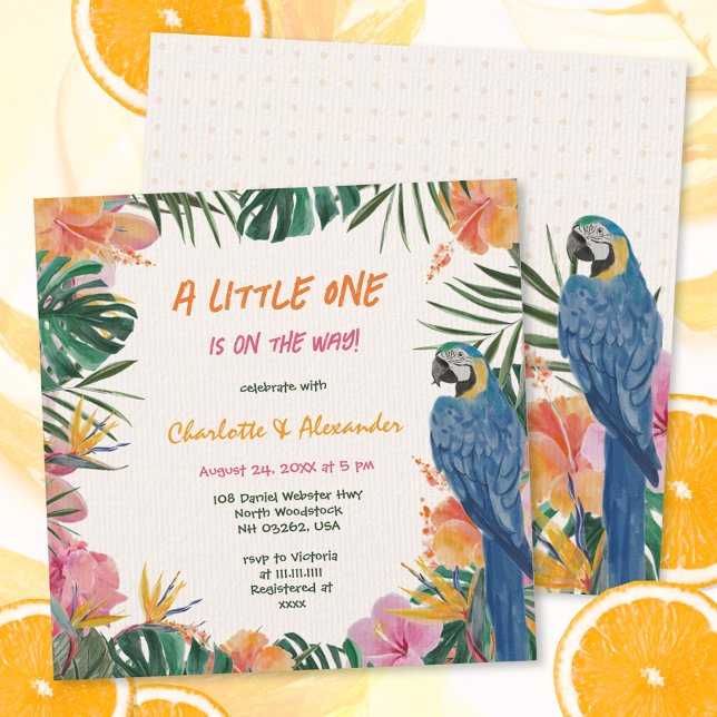 Invitation Baby shower d'aquarelle de perroquet floral tropic (Tropical Floral Parrot Watercolor Baby Shower Invitation ©Susanne Sachers - Sunny Mind 🌞)