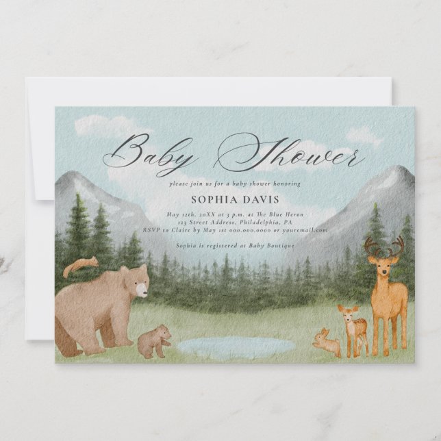 Invitation Baby shower d'aquarelle des animaux forestiers (Devant)