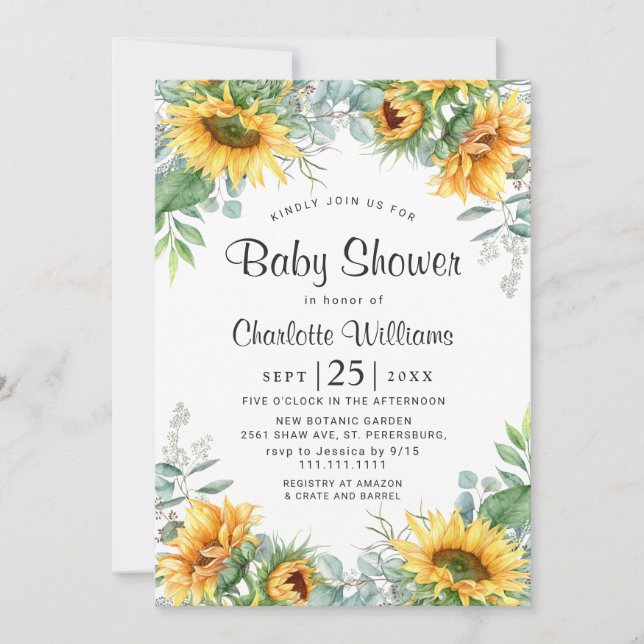 Invitation Baby shower d'aquarelle des tournesols Eucalyptus (Devant)