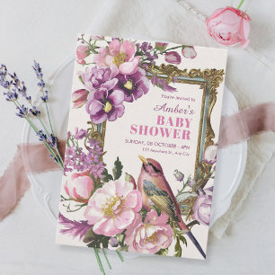 Invitation Baby shower d'aquarelle d'oiseau rose