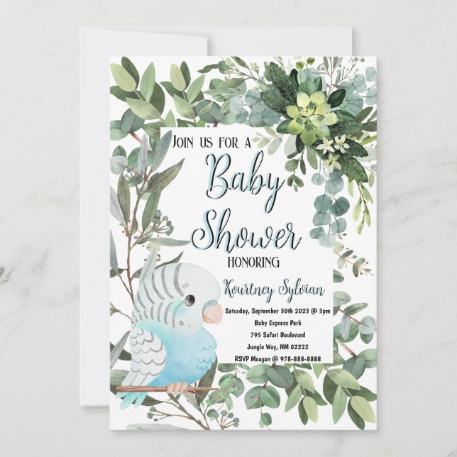 Invitation Baby shower d'aquarelle d'oiseaux de perruques ble (Devant)
