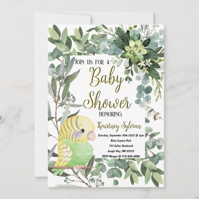 Invitation Baby shower d'aquarelle d'oiseaux verts jaunes (Devant)