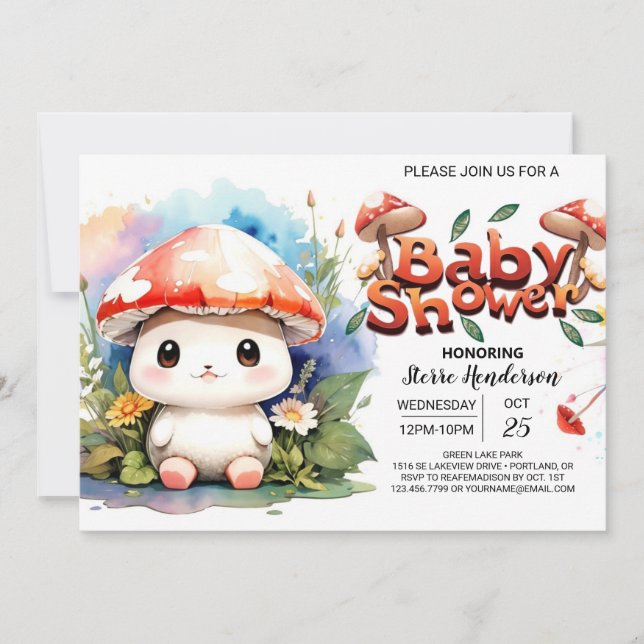 Invitation Baby shower d'aquarelle du jardin des champignons (Devant)