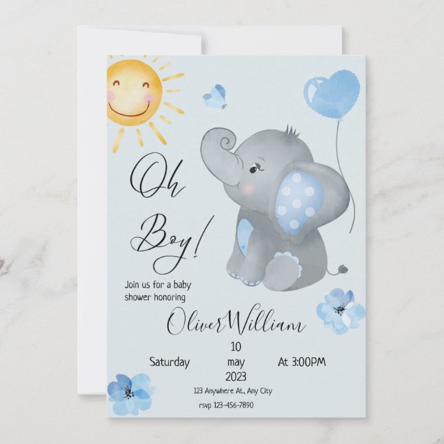 Invitation Baby shower d'aquarelle éléphant pour garçon (Devant)