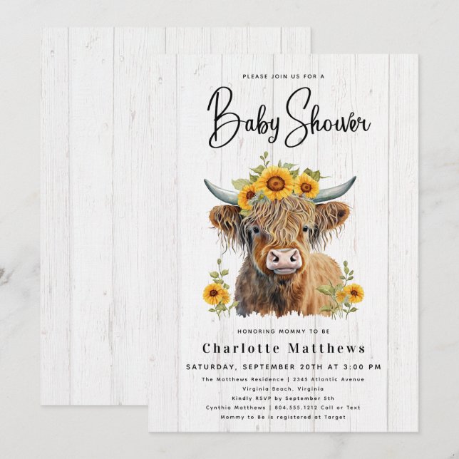 Invitation Baby shower d'aquarelle en bois de vache rustique (Devant / Derrière)