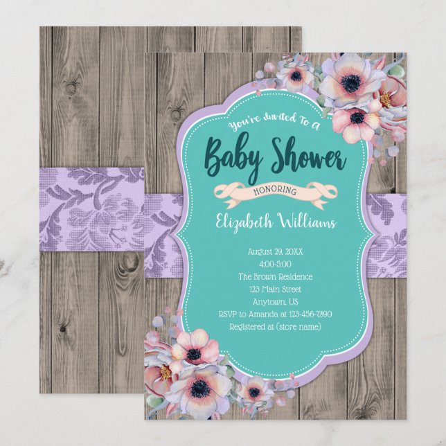 Invitation Baby shower d'aquarelle en bois turquoise violet (Devant / Derrière)