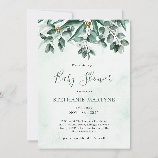 Invitation Baby shower d'aquarelle Eucalyptus Foliage (Devant)