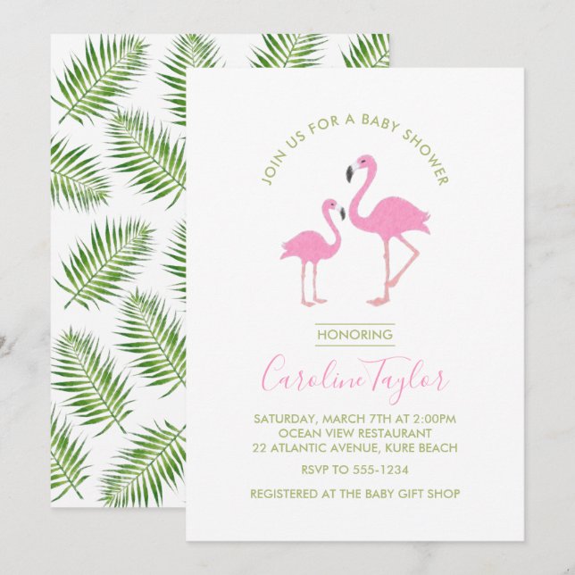 Invitation Baby shower d'aquarelle Flamant rose rose (Devant / Derrière)