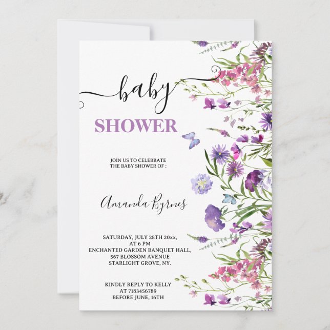 Invitation Baby shower d'aquarelle fleur sauvage Purple Meado (Devant)