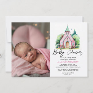Invitation Baby shower d'aquarelle fleurie de l'église rose