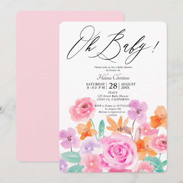 Invitation Baby shower d'aquarelle fleurie de printemps (Devant / Derrière)