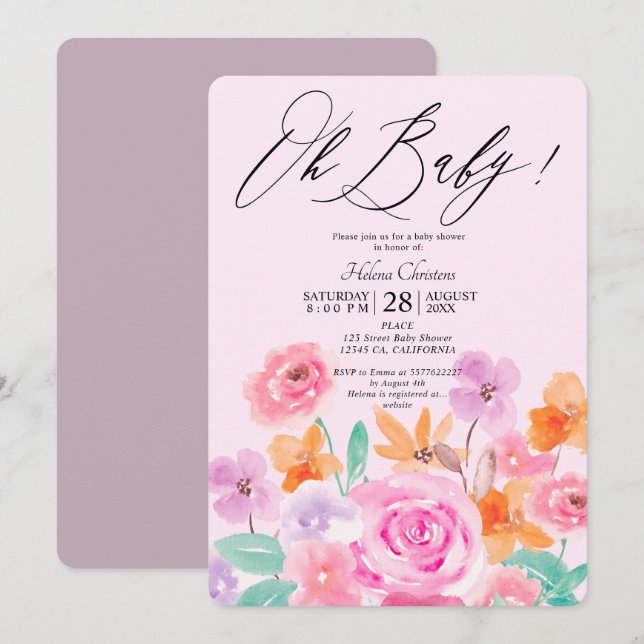 Invitation Baby shower d'aquarelle fleurie de printemps (Devant / Derrière)